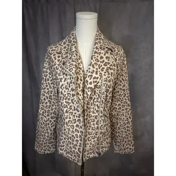 Adyson Parker Leopard Moto Jacket Size M Beige Tan Blush Silver Zipper Tailored - Picture 12 of 13